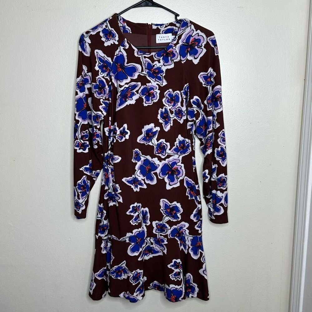 Tanya Taylor Noemie Lantern Sleeve Mini Dress Brown Blue Floral size 6